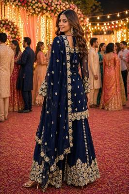 Navy blue embroidered with mirror work heavy georgette free size stiched kurta set with sharara and dupatta 3