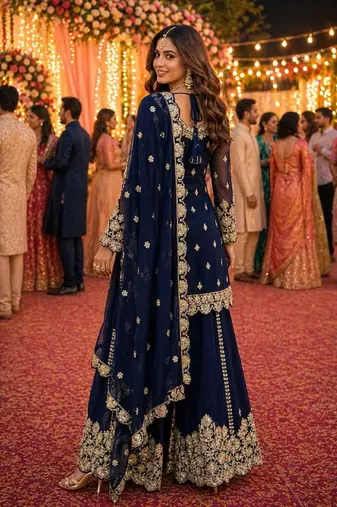 Navy blue embroidered with mirror work heavy georgette free size stiched kurta set with sharara and dupatta