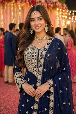 Navy blue embroidered with mirror work heavy georgette free size stiched kurta set with sharara and dupatta 4
