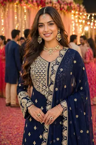 Navy blue embroidered with mirror work heavy georgette free size stiched kurta set with sharara and dupatta