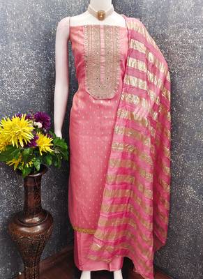 pink weaved shimmer jacquard butti unstitched dress material  4
