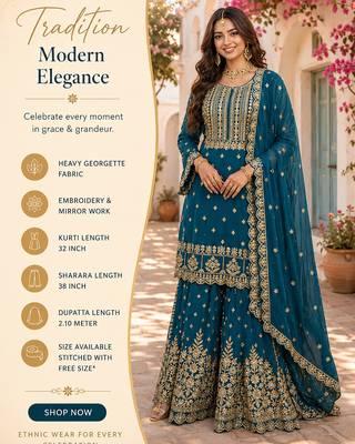 Teal blue embroidered with mirror work heavy georgette free size stiched kurta set with sharara and dupatta 2