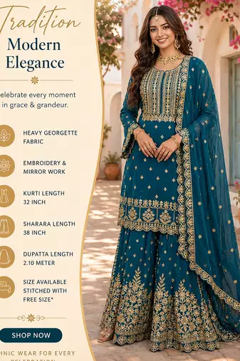 Teal blue embroidered with mirror work heavy georgette free size stiched kurta set with sharara and dupatta