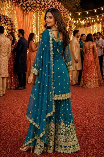 Teal blue embroidered with mirror work heavy georgette free size stiched kurta set with sharara and dupatta