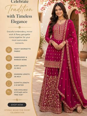Pink embroidered with mirror work heavy georgette free size stiched kurta set with sharara and dupatta 2