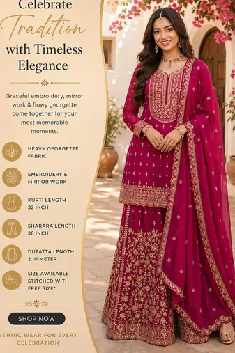 Pink embroidered with mirror work heavy georgette free size stiched kurta set with sharara and dupatta