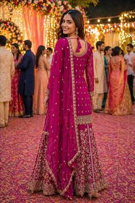 Pink embroidered with mirror work heavy georgette free size stiched kurta set with sharara and dupatta 3