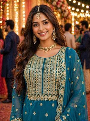 Teal blue embroidered with mirror work heavy georgette free size stiched kurta set with sharara and dupatta 4