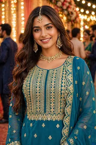 Teal blue embroidered with mirror work heavy georgette free size stiched kurta set with sharara and dupatta