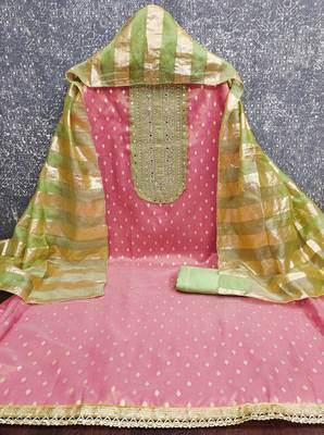 pink weaved shimmer jacquard butti unstitched dress material  2
