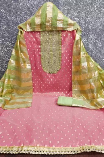 pink weaved shimmer jacquard butti unstitched dress material 