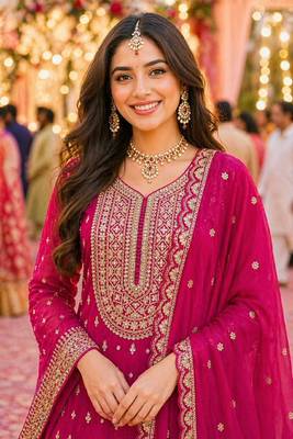 Pink embroidered with mirror work heavy georgette free size stiched kurta set with sharara and dupatta 4