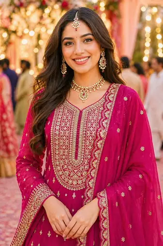 Pink embroidered with mirror work heavy georgette free size stiched kurta set with sharara and dupatta