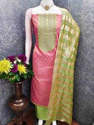 pink weaved shimmer jacquard butti unstitched dress material  4