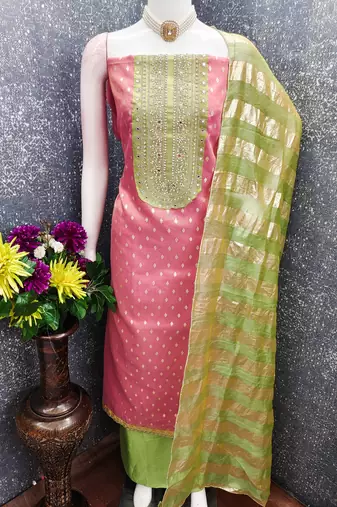 pink weaved shimmer jacquard butti unstitched dress material 