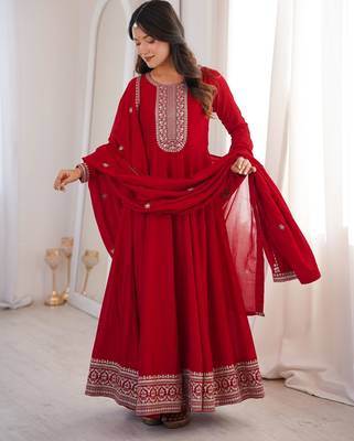 Women's Gorgeous Embroidery Work Vichitra Silk Fabric Flared Anarkali Dupatta Set 1