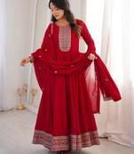 Women's Gorgeous Embroidery Work Vichitra Silk Fabric Flared Anarkali Dupatta Set