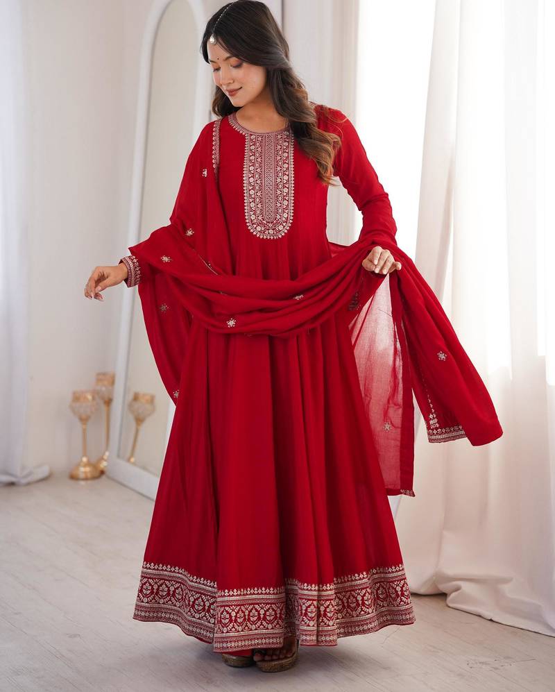 Women's Gorgeous Embroidery Work Vichitra Silk Fabric Flared Anarkali Dupatta Set
