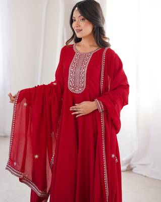 Women's Gorgeous Embroidery Work Vichitra Silk Fabric Flared Anarkali Dupatta Set 2