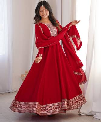 Women's Gorgeous Embroidery Work Vichitra Silk Fabric Flared Anarkali Dupatta Set 4