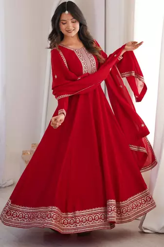 Women's Gorgeous Embroidery Work Vichitra Silk Fabric Flared Anarkali Dupatta Set