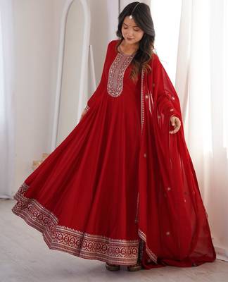 Women's Gorgeous Embroidery Work Vichitra Silk Fabric Flared Anarkali Dupatta Set 5
