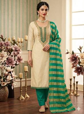 beige embroidered khadi cotton unstitched dress material  1