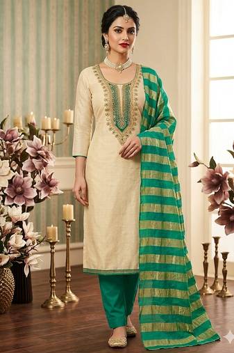 beige embroidered khadi cotton unstitched dress material 