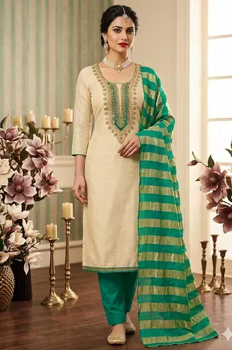 beige embroidered khadi cotton unstitched dress material 