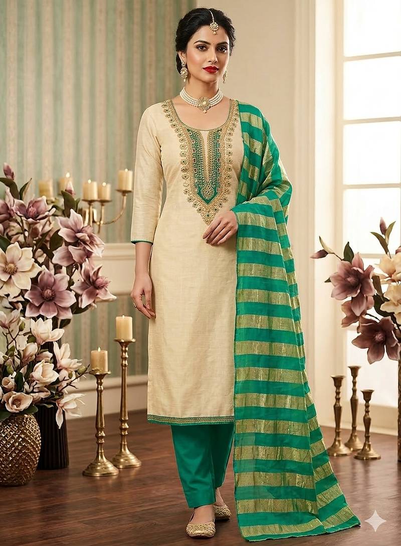 beige embroidered khadi cotton unstitched dress material 
