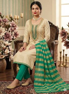 beige embroidered khadi cotton unstitched dress material  2