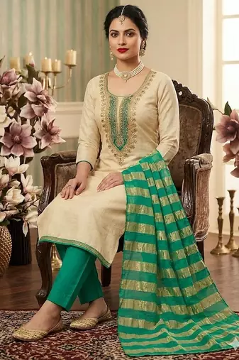 beige embroidered khadi cotton unstitched dress material 