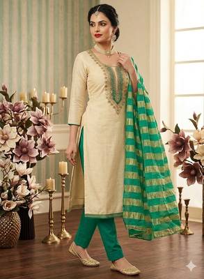 beige embroidered khadi cotton unstitched dress material  3