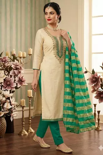 beige embroidered khadi cotton unstitched dress material 