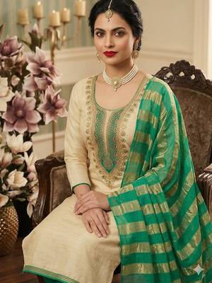 beige embroidered khadi cotton unstitched dress material  4