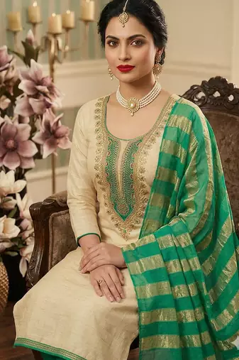 beige embroidered khadi cotton unstitched dress material 