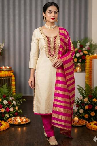 beige embroidered khadi cotton unstitched dress material 