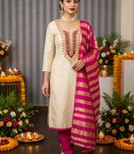beige embroidered khadi cotton unstitched dress material 