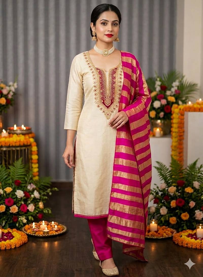 beige embroidered khadi cotton unstitched dress material 