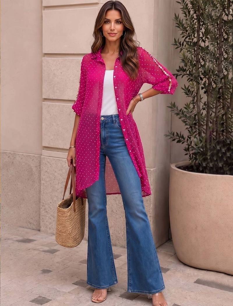 Geometric Print Roll-Up Sleeves Shirt Style Longline Top