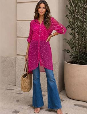 Geometric Print Roll-Up Sleeves Shirt Style Longline Top 2