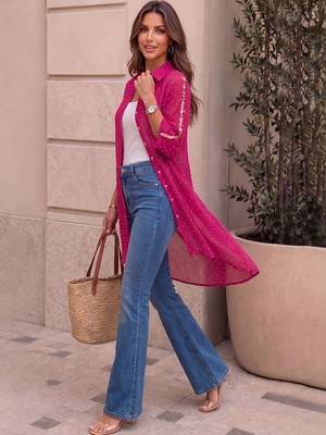 Geometric Print Roll-Up Sleeves Shirt Style Longline Top 4