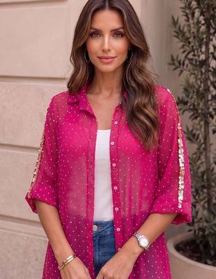 Geometric Print Roll-Up Sleeves Shirt Style Longline Top 5