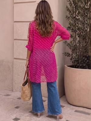 Geometric Print Roll-Up Sleeves Shirt Style Longline Top 6