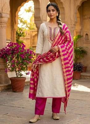 beige embroidered khadi cotton unstitched dress material  2