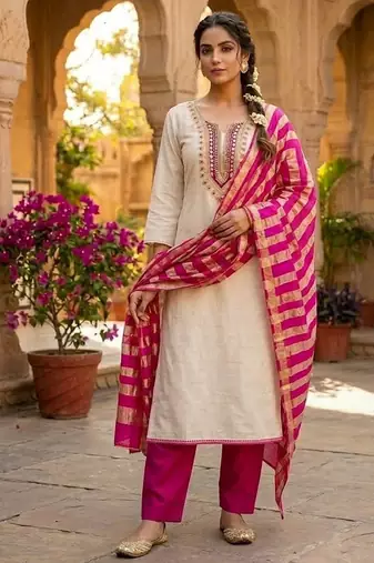 beige embroidered khadi cotton unstitched dress material 