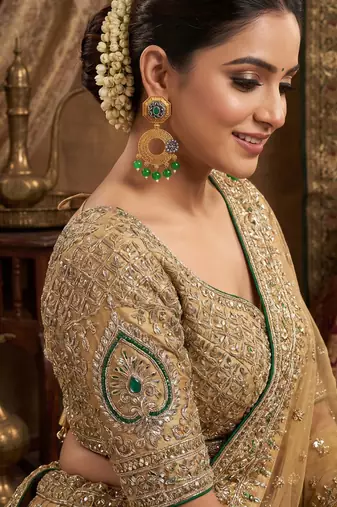 Traditional antique silver finish statement chandelier earrings with green onyx and pearl accents for women