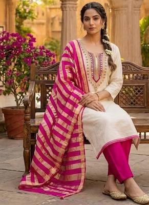 beige embroidered khadi cotton unstitched dress material  3