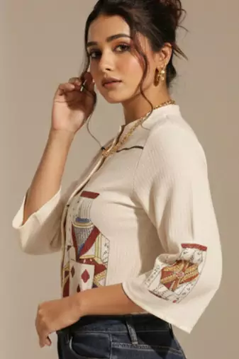 Print Mandarin Collar Top
