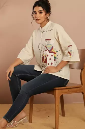 Print Mandarin Collar Top